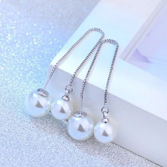 NEW 925 Sterling Silver Pearl Chain Earrings - Picture 4 of 8